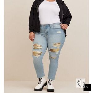 Torrid high rise straight vintage stretch gold sequin backed jeans. Size 10R.